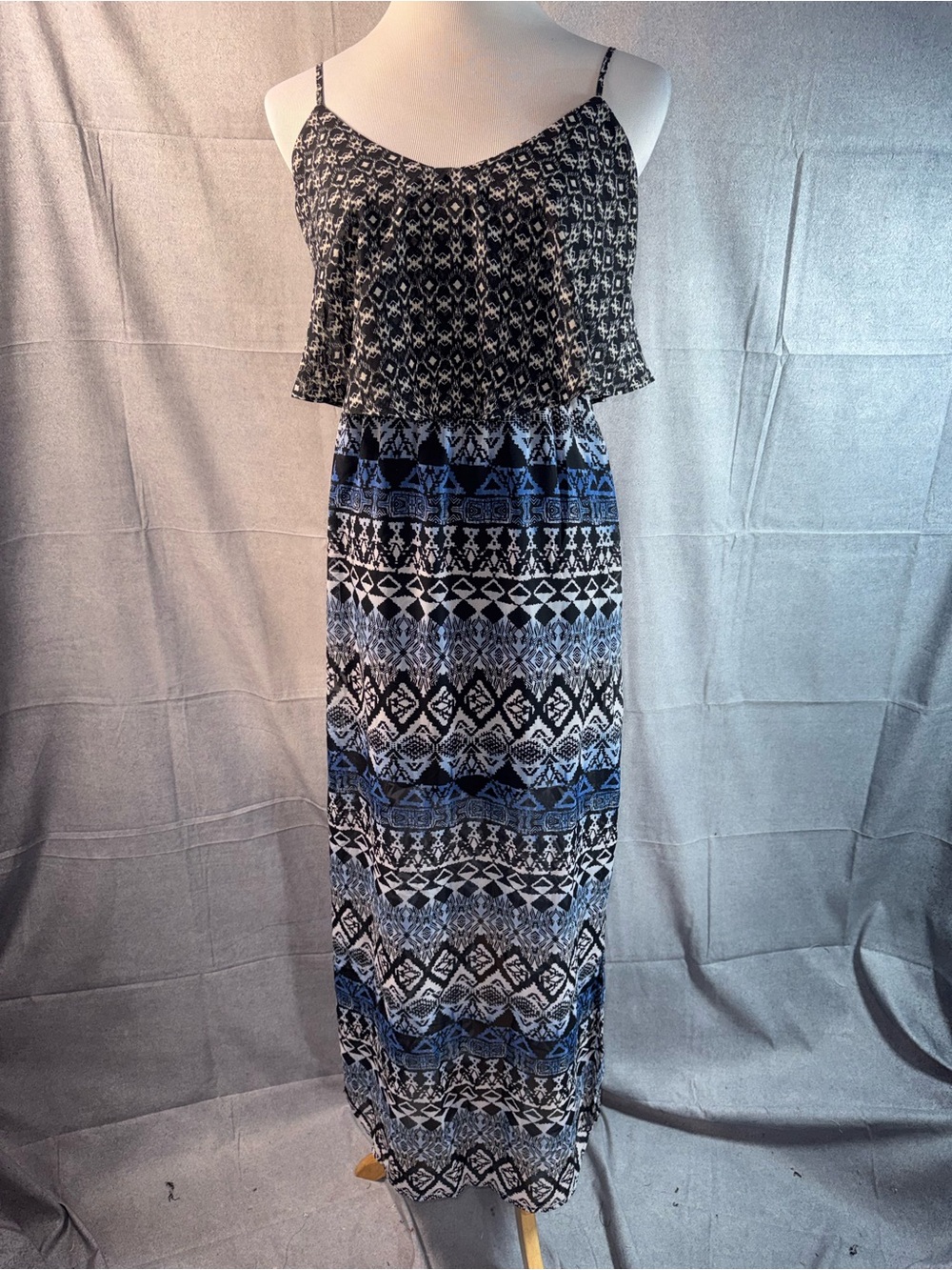 2664-Speechless Black and Blue Printed Spaghetti-Strap Maxi Dress